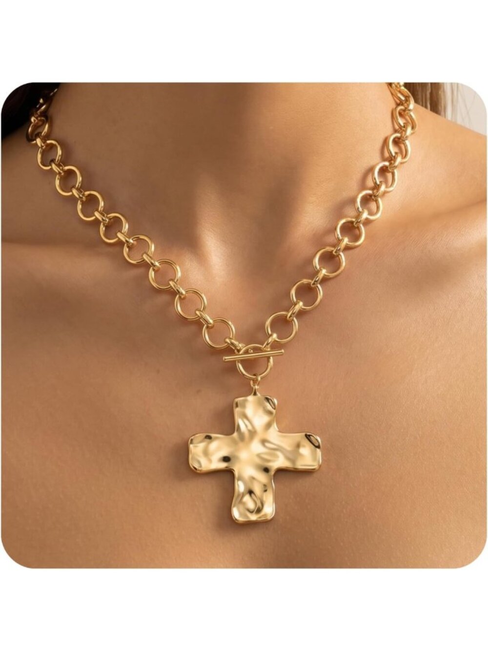 Stylish Chunky Cross Necklace for Women - Big Hammered Pendant Jewelry Accessory